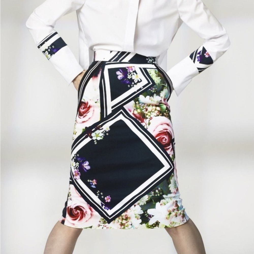 Preen by‎ Thornton Bregazzi Floral Knee Length Black White Printed Skirt Medium